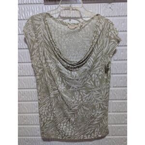 Christian Siriano Women's Green & Cream Tropical Pattern Scoop Neck Linen Top Si